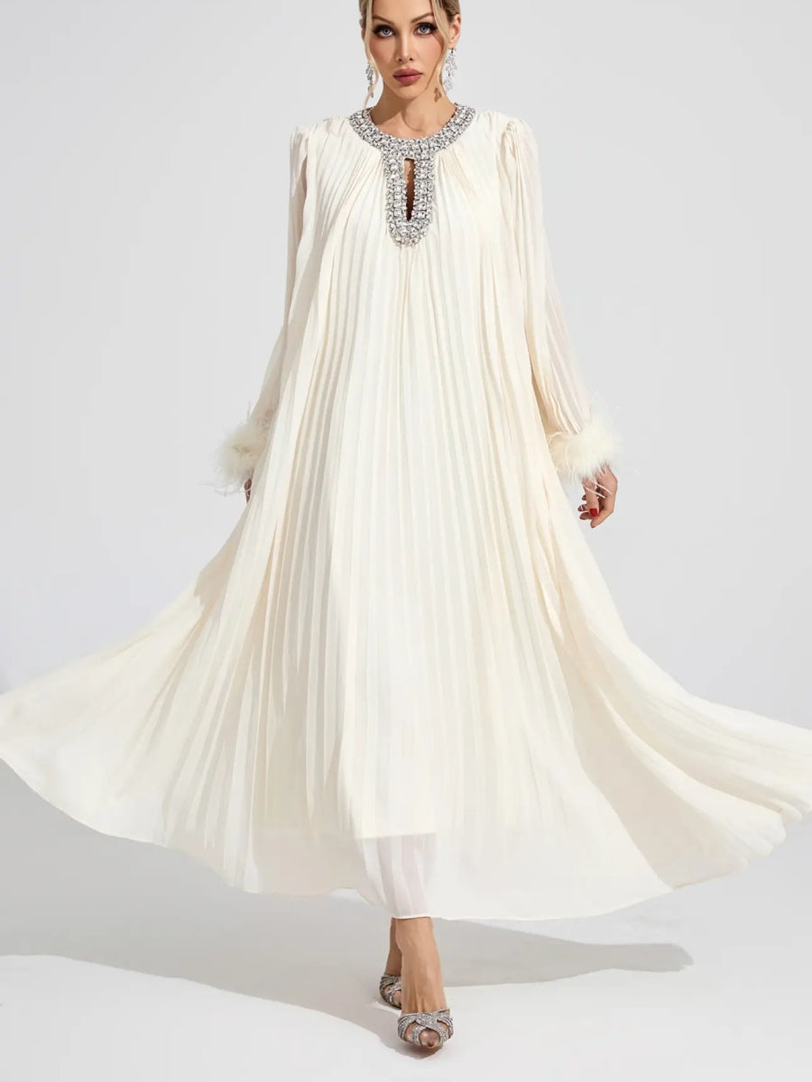Elara Pleated Feather-Cuff Crystal-Embellished Maxi Dress