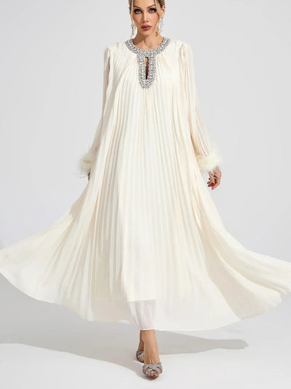 Elara Pleated Feather-Cuff Crystal-Embellished Maxi Dress