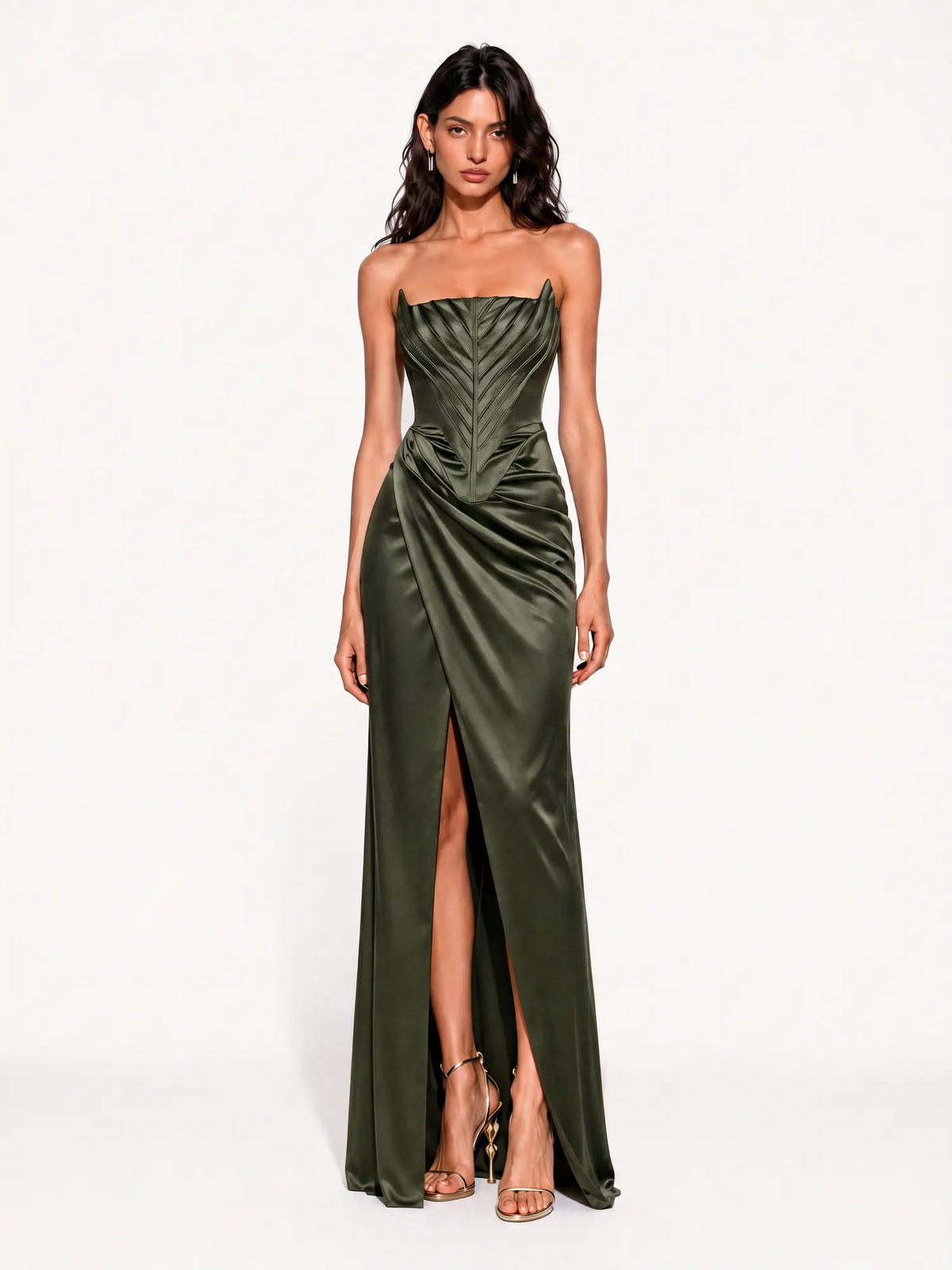 Aurora Strapless Corset Draped Slit Maxi Dress
