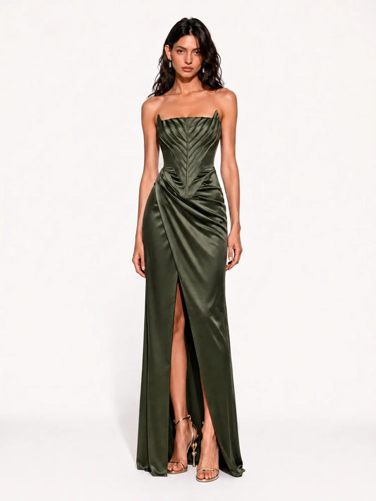 Aurora Strapless Corset Draped Slit Maxi Dress
