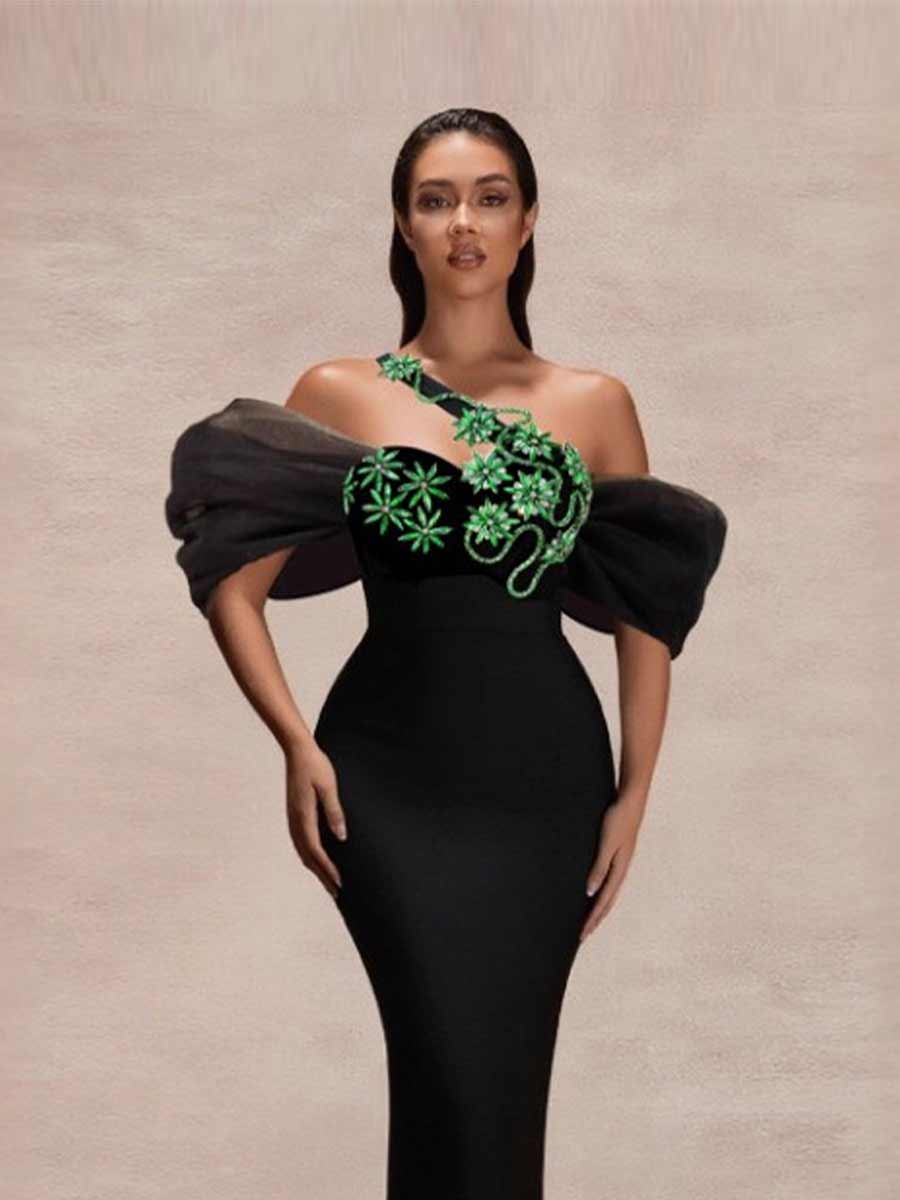 Liana Bubble Sleeve Bandage Maxi Dress