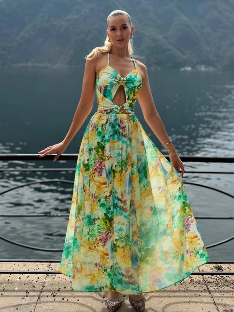 Marissa Landscape Prints Hollow One Piece Swimsuit and Skirt