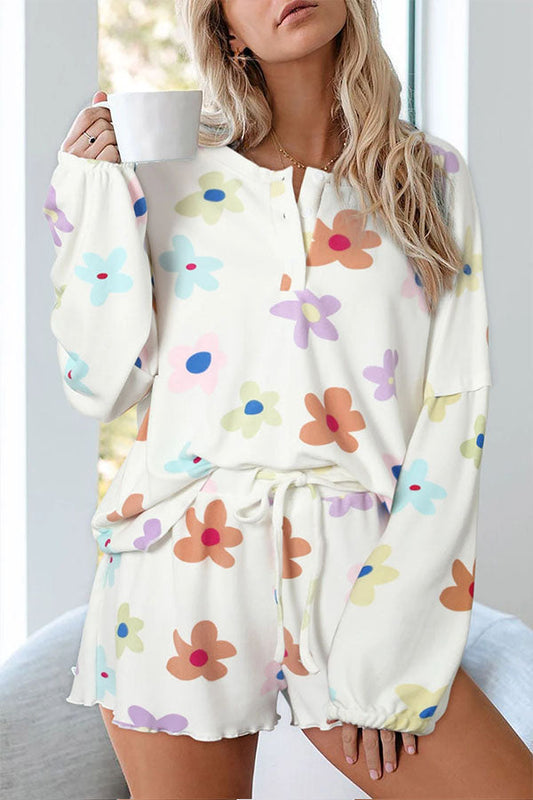 White Floral Print Henley Top \u0026 Drawstring Shorts Loungewear Set