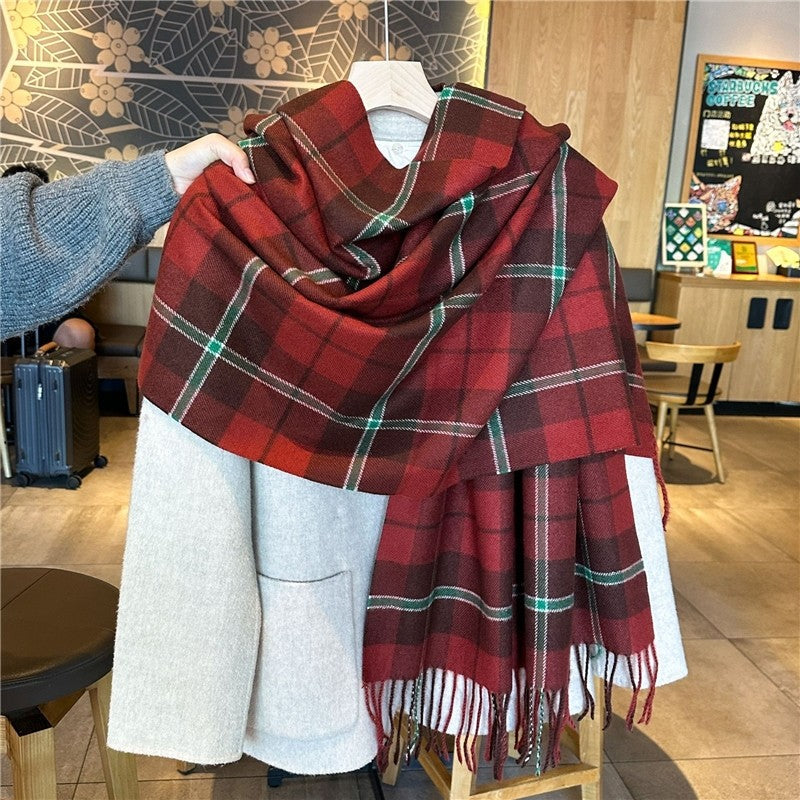 Color Block Plaid Fringe Scarf
