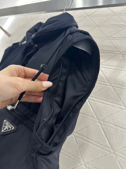 Prada 2025 Cropped Jacket With Detachable Sleeves Black Re-Nylon Down
