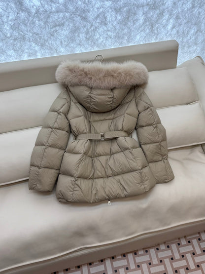 Burberry 25 Fur Collar Plaid Slim-fit Beige Jacket Polyester Down