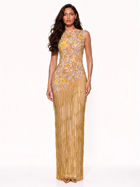 Octavia Rhinestone-Embellished Fringe Maxi Dress