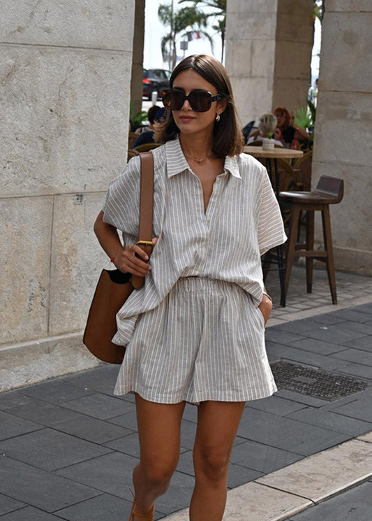 Striped Linen Look Two Piece Set Khaki