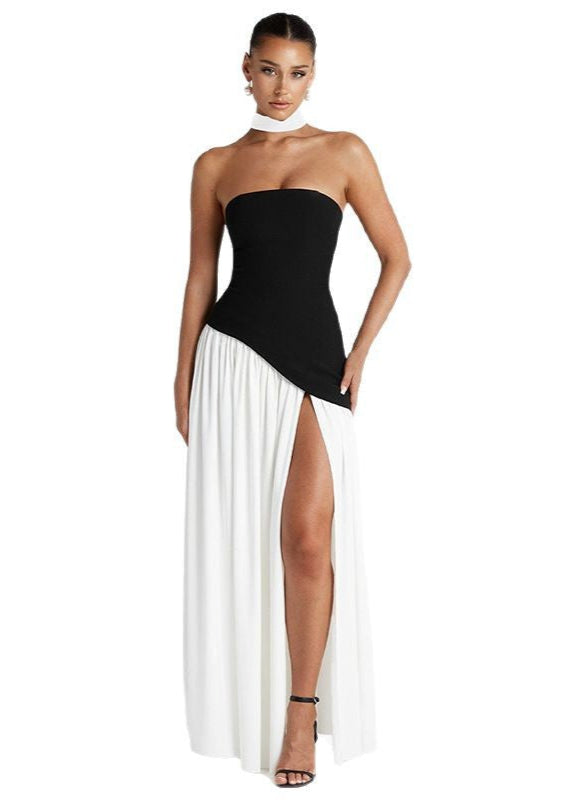 Strapless Contrast Gown Black And White With Slit