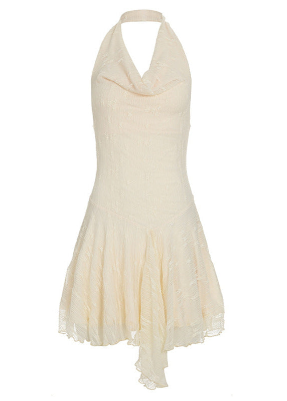 Textured Halter Drape Mini Dress Beige