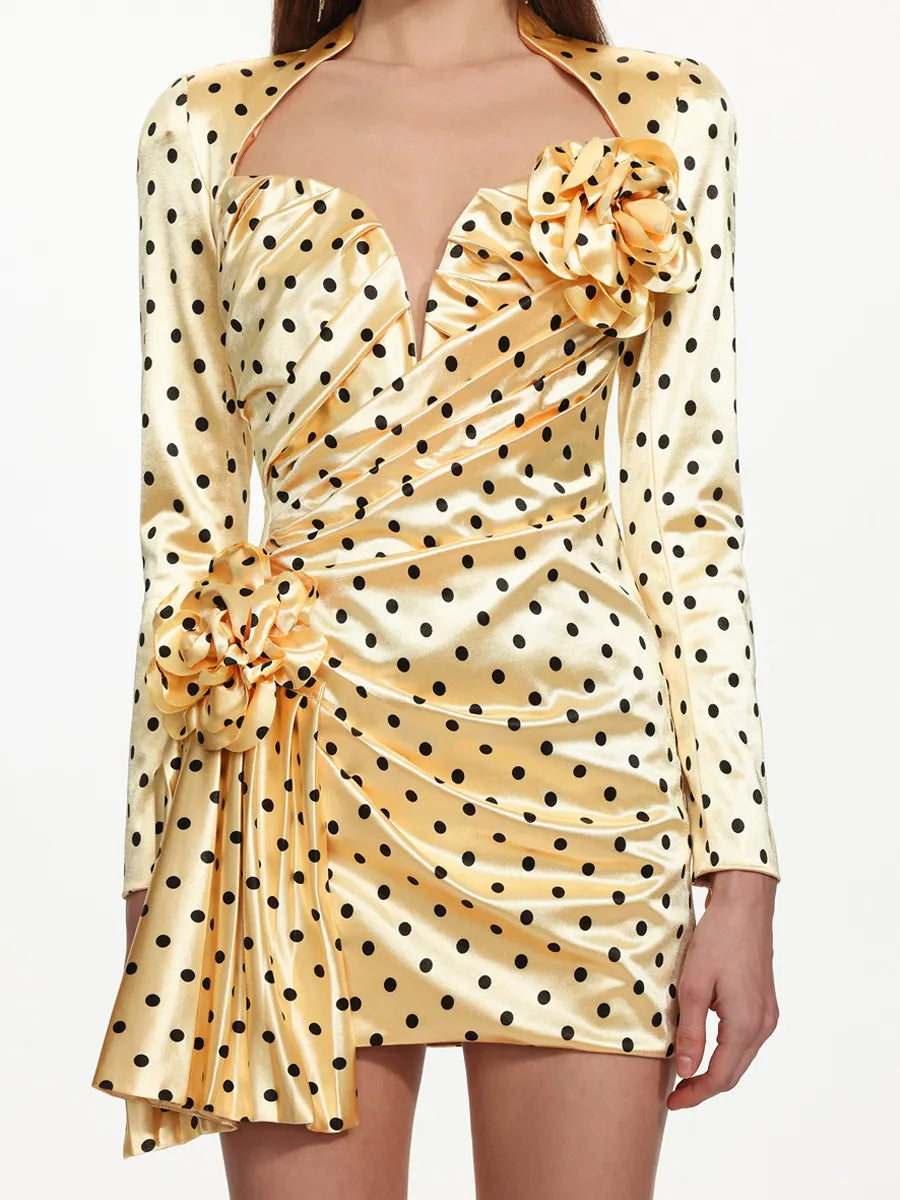 Avalynn Long Sleeve Pleated Polka Dot Floral Mini Dress