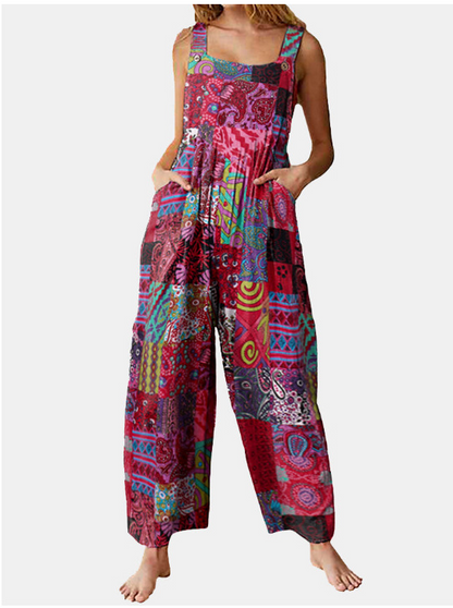 Women'S Loose Print Side Pocket Strap Jumpsuit
