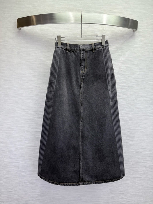CD 25SS Laser Printed Stripe Pattern Denim Skirt Dark Gray Cotton 306522