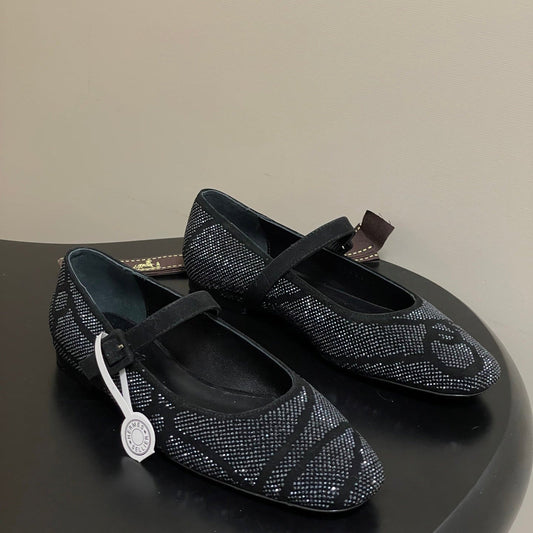 Hermes 26 Light Ballet Flat Metallic Black in Suede 594341