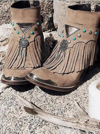 Women Ankle Boots Chunky Low Heels Ladies Vintage Pu Leather Gladiator Tassels Shoes