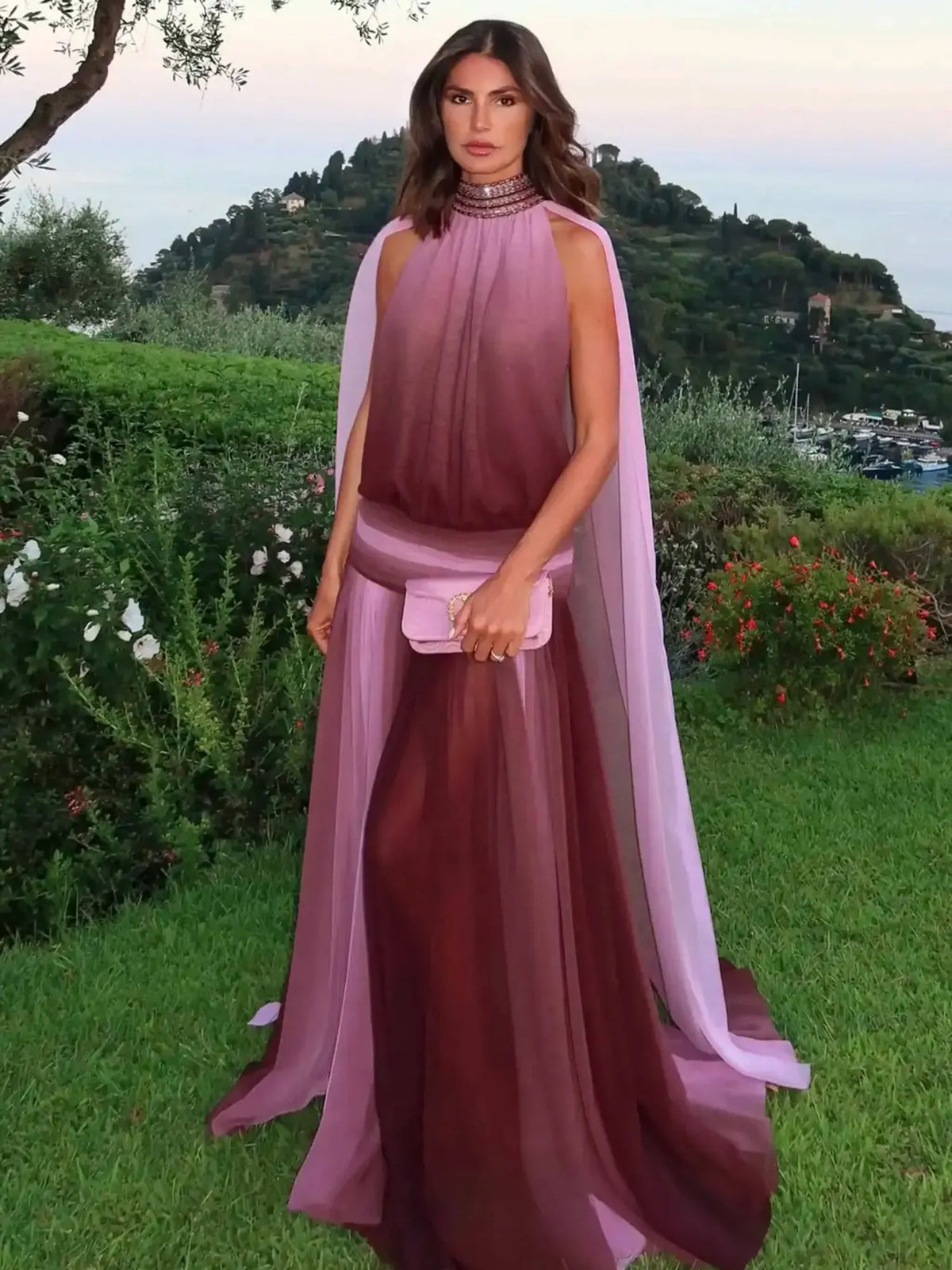 Nyla Halter Neck Draped Cape Maxi Dress
