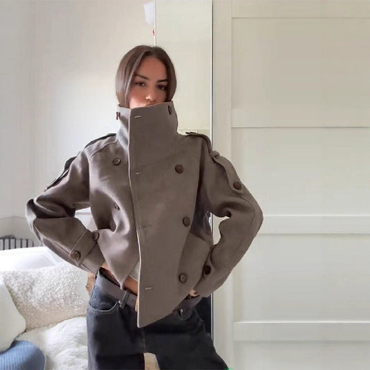 Short Wool Coat With Stand Collar And Button Front