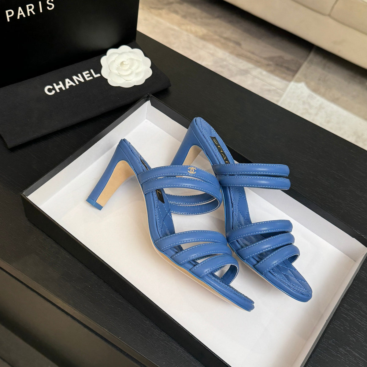CC 26C Double C Strap Sandals Blue Sheepskin