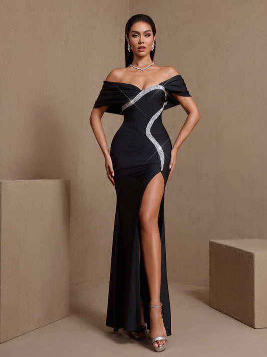 Kamila Off Shoulder Wrinkled High-Slit Maxi Dress