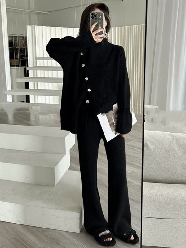 Casual Loose Solid Color Half Turtleneck Sweater Tops & Wide Leg Pants Suits