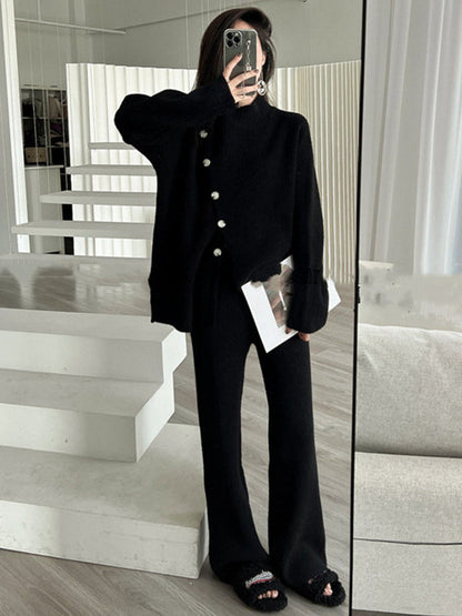 Casual Loose Solid Color Half Turtleneck Sweater Tops & Wide Leg Pants Suits