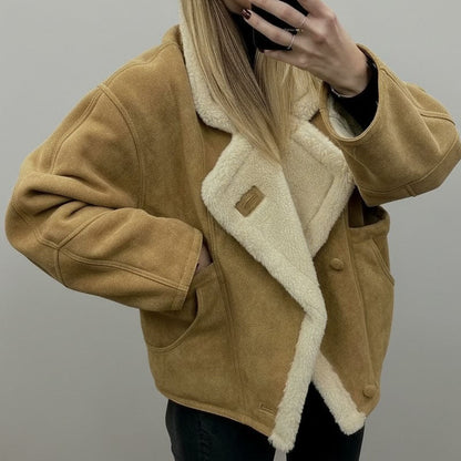 Trendy Lapel Collar Loose Warm Lamb Wool Coat