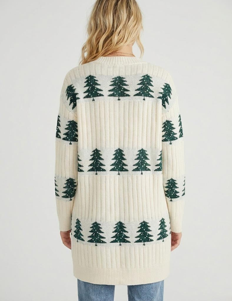 Trendy Embroidery Christmas Tree Knit Long Cardigan