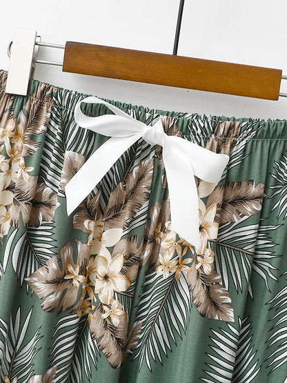 Casual Loose Seven-Quarter Sleeves V-Neck Shirts& Printed Pants Pajama Sets