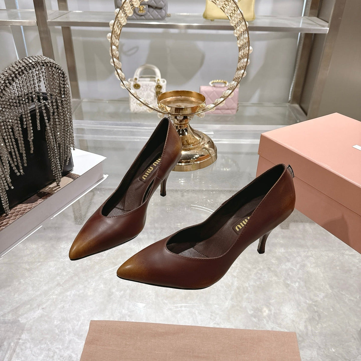 Miu High Heel Pumps Brown Sheepskin 592077
