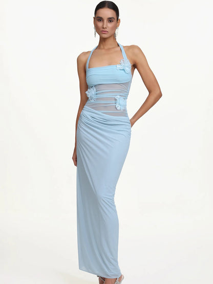 Cerys Romantic Contour Halter Ruched Floral Maxi Dress
