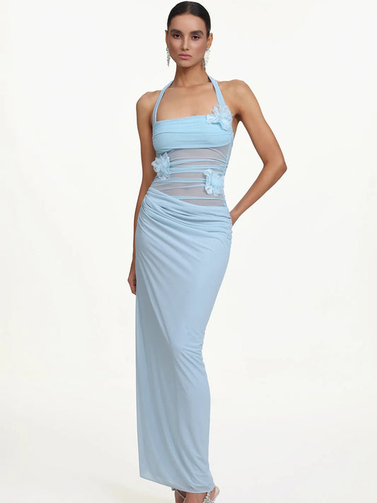 Cerys Romantic Contour Halter Ruched Floral Maxi Dress