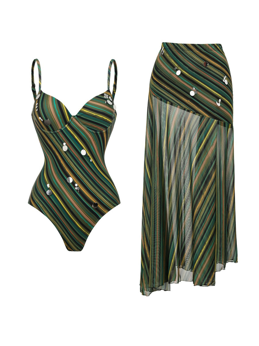 Lorelei Striped Sequined Swimsuit Set