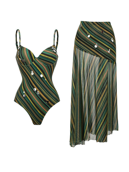 Lorelei Striped Sequined Swimsuit Set
