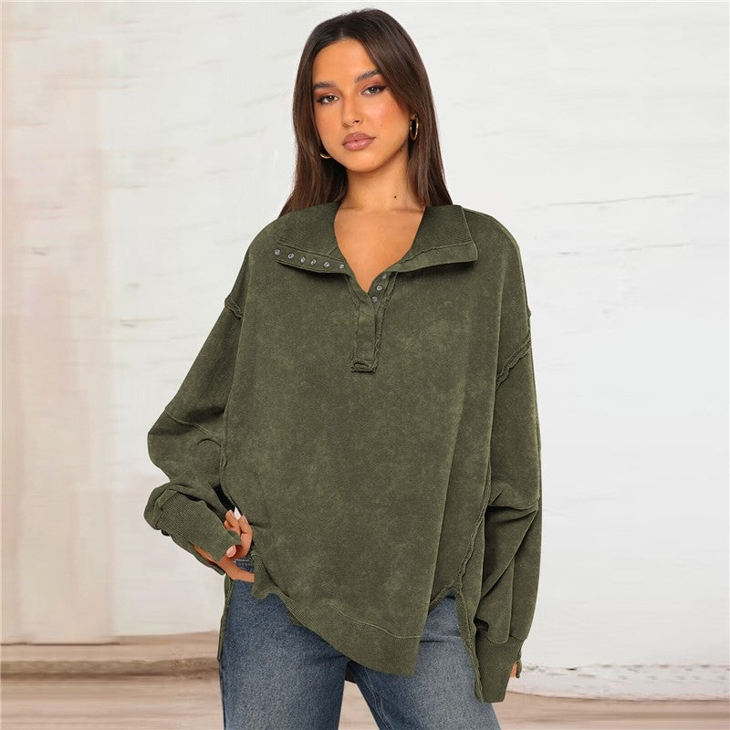 Polo Collar Split Sleeve Loose Sweatshirt Women
