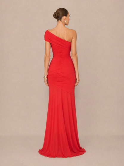 Marcella Asymmetric Neckline Strapless Back-Revealing Bodycon Maxi Dress