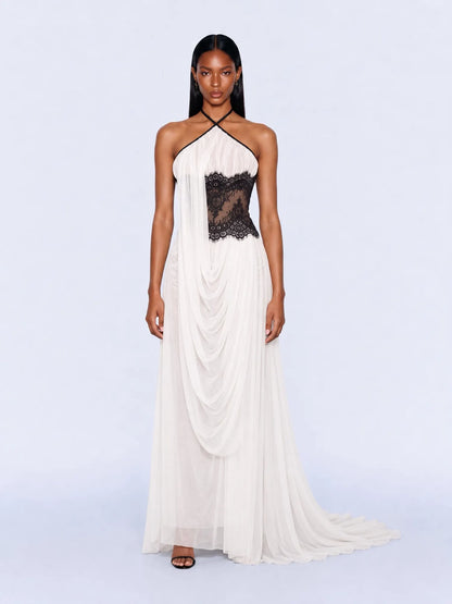Luna Lace-Panel Chiffon Maxi Dress