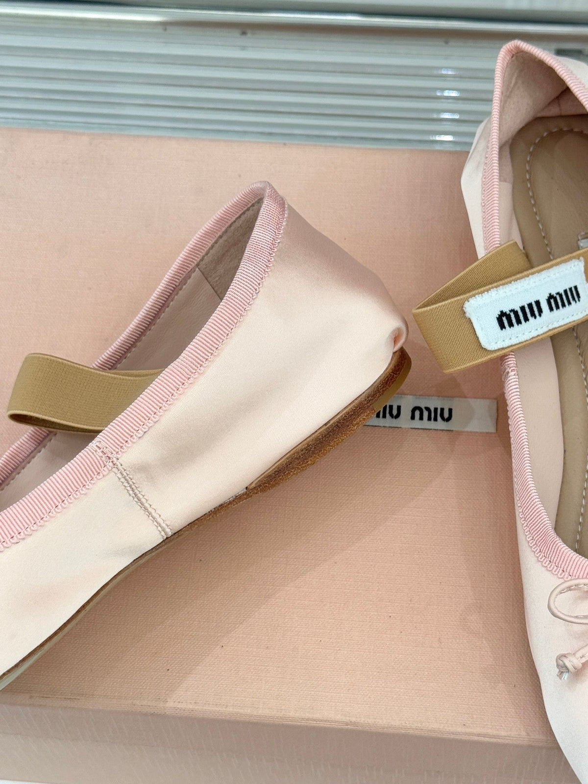 Miu Classic Bow Letter Ballet Light Pink Satin