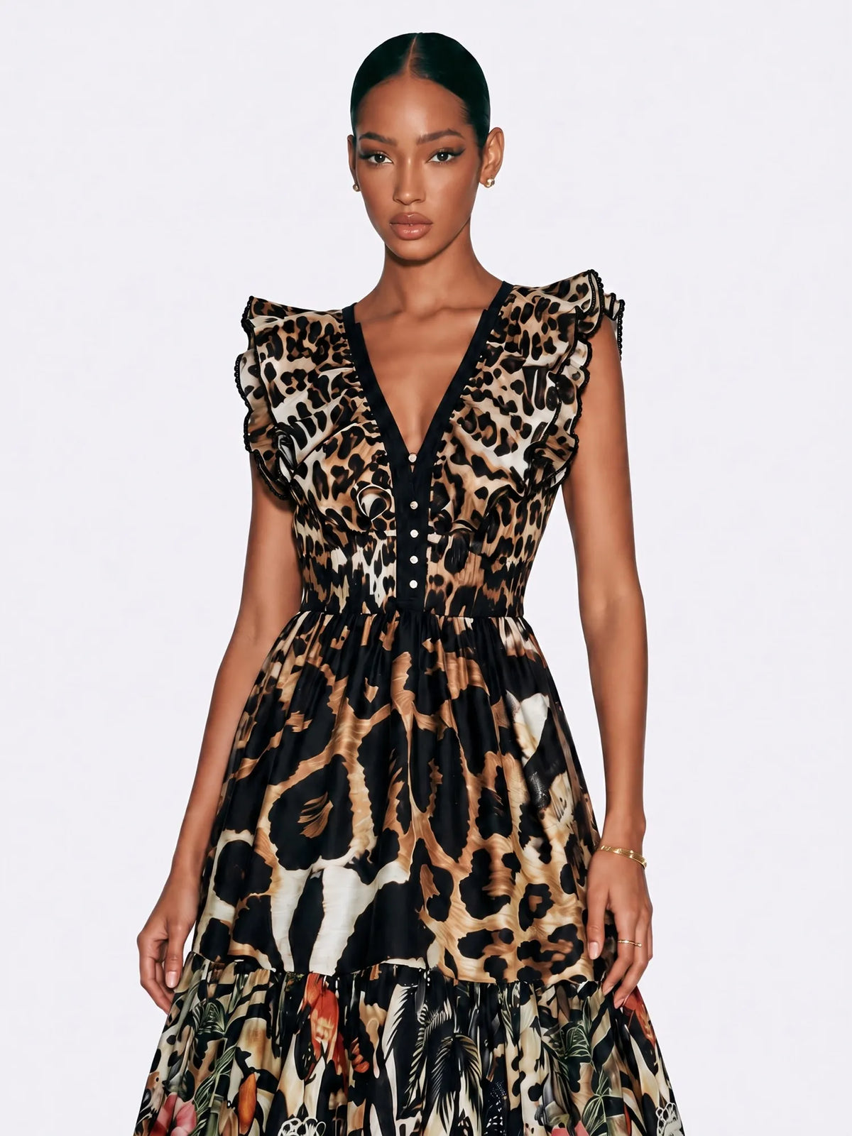 Zoey Leopard Floral Flare Midi Dress
