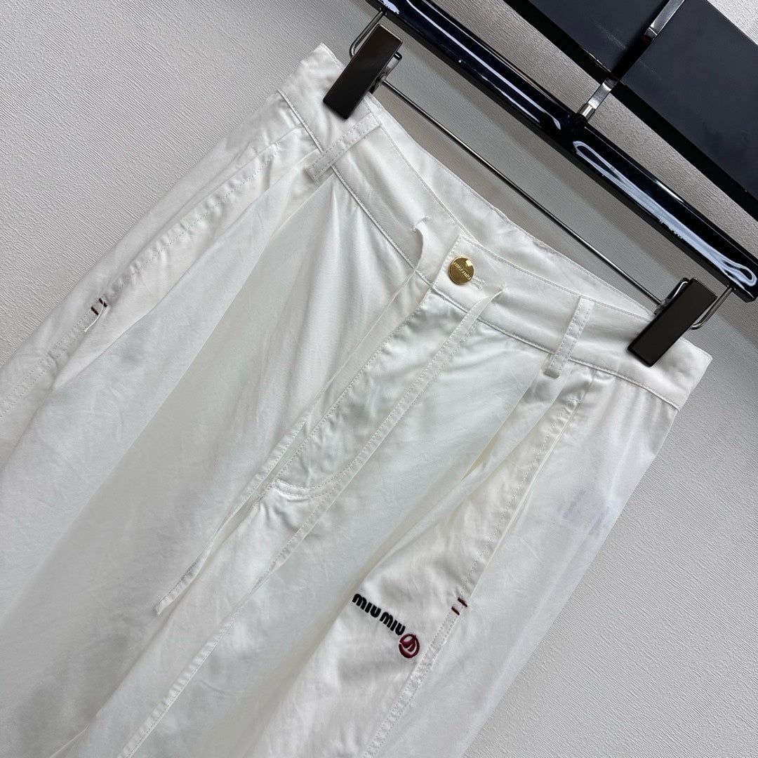 Miu Track Pants White Cotton Tencel Fabric 350246
