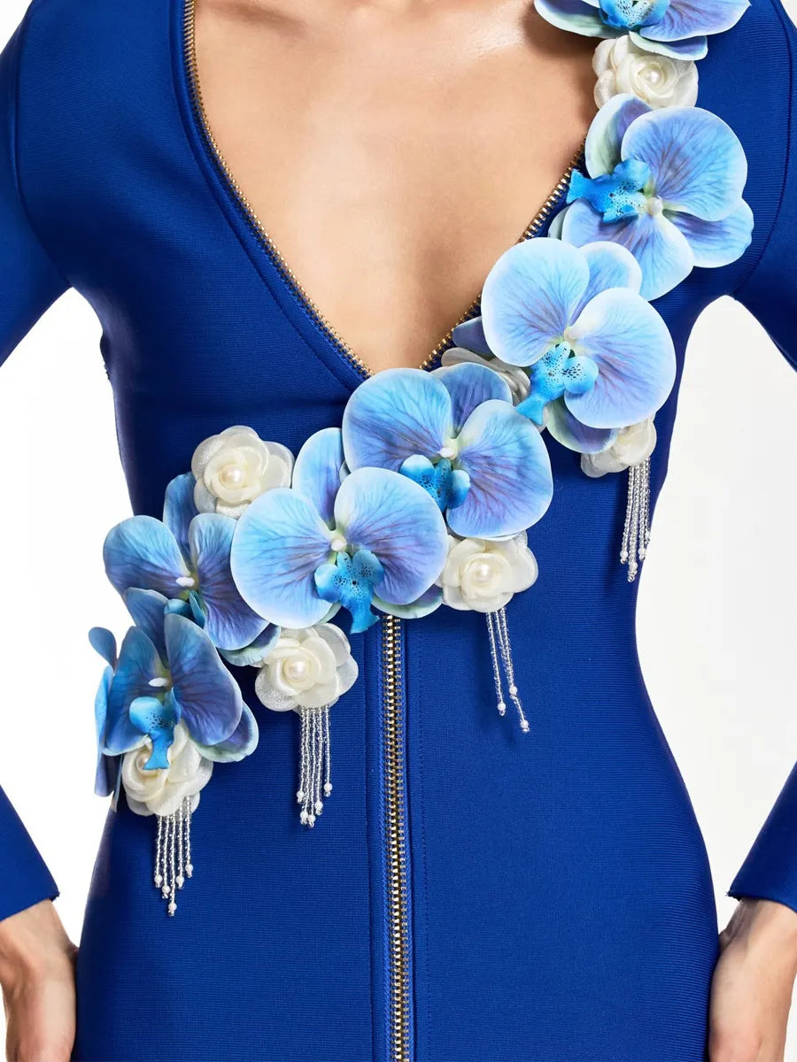 Riley V Neck Flower Bandage Midi Dress