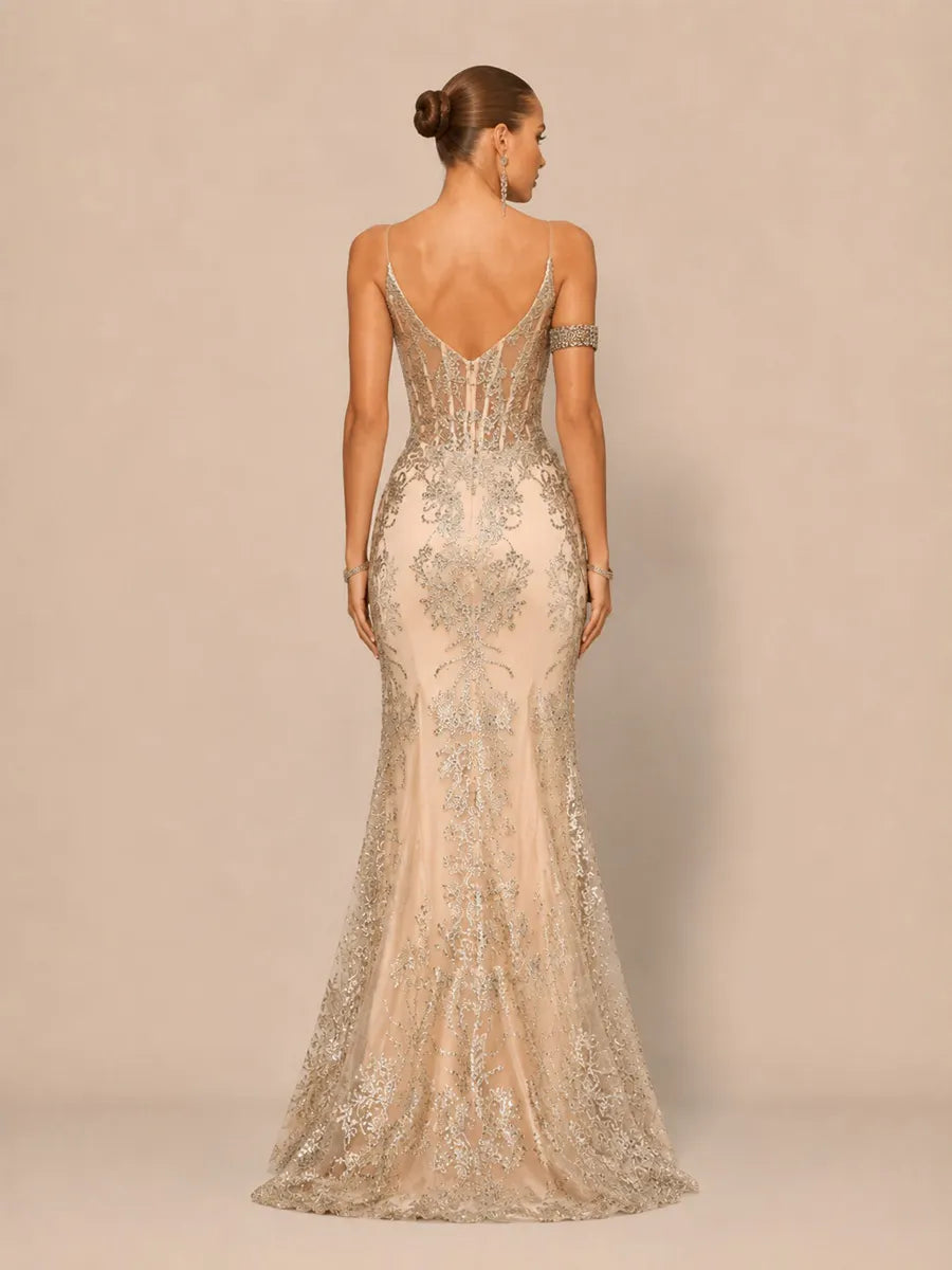 Jasmine Elegant Contour V Neck Sequin Maxi Dress