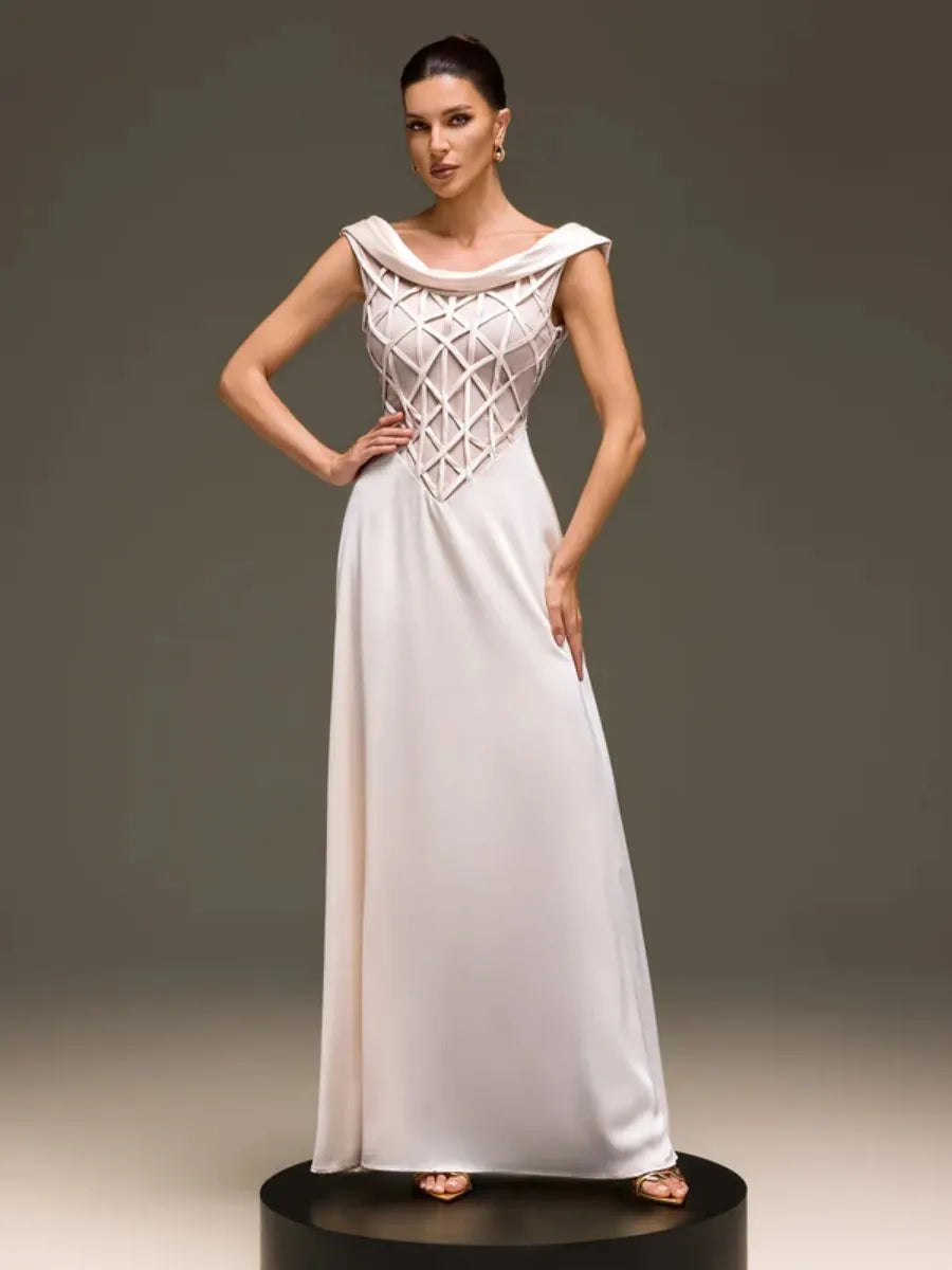 Seraphina Lattice-Bodice Off-the-Shoulder Satin Gown