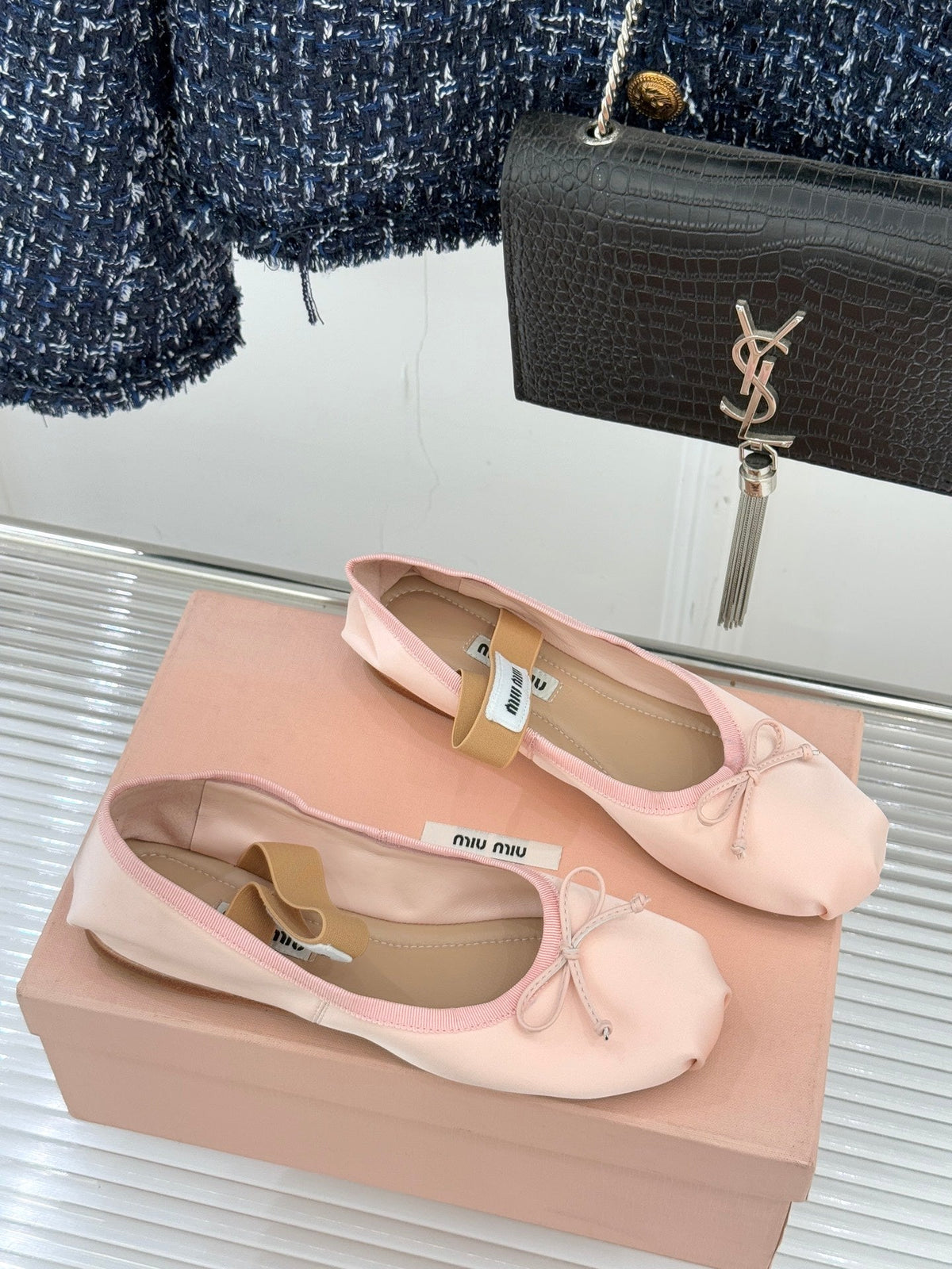 Miu Classic Bow Letter Ballet Light Pink Satin