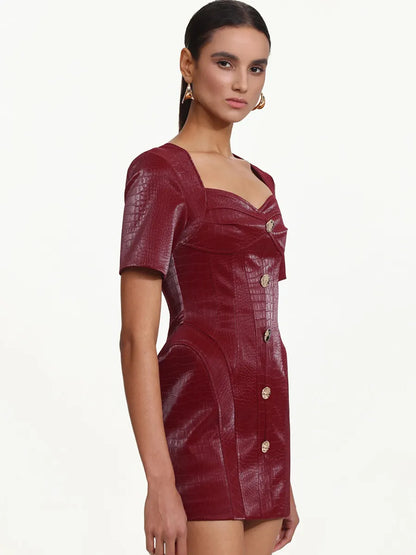 Jasmine Square Neck Buttoned Faux Leather Mini Dress