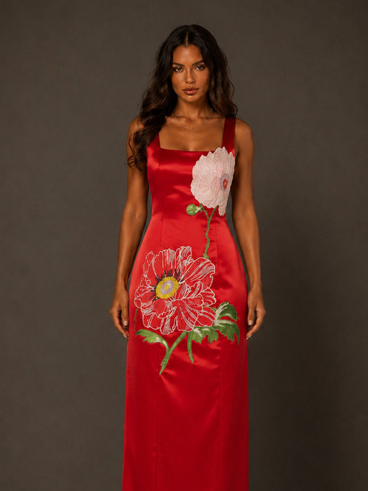 Eloisa Maxi Dress with Embroidered Large Floral Panels