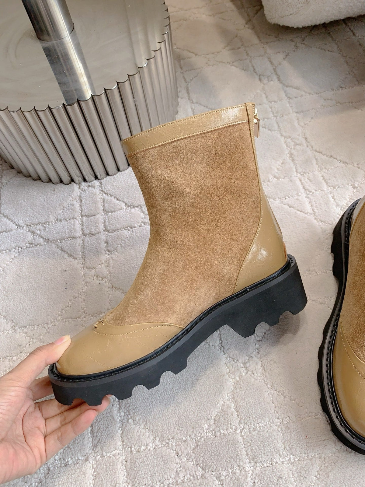CC New Platform Ankle Boots Light Brown Suede Glossy Sheepskin