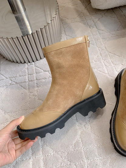 CC New Platform Ankle Boots Light Brown Suede Glossy Sheepskin