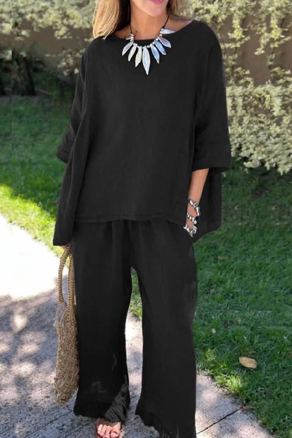 Casual Solid Color Loose Top \u0026 Pants Cotton Linen Two-piece Set