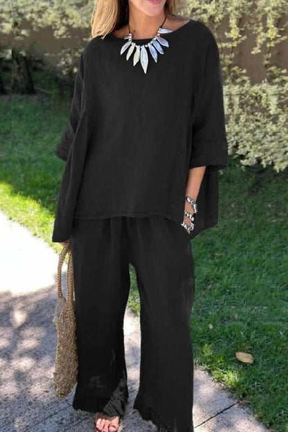 Casual Solid Color Loose Top \u0026 Pants Cotton Linen Two-piece Set