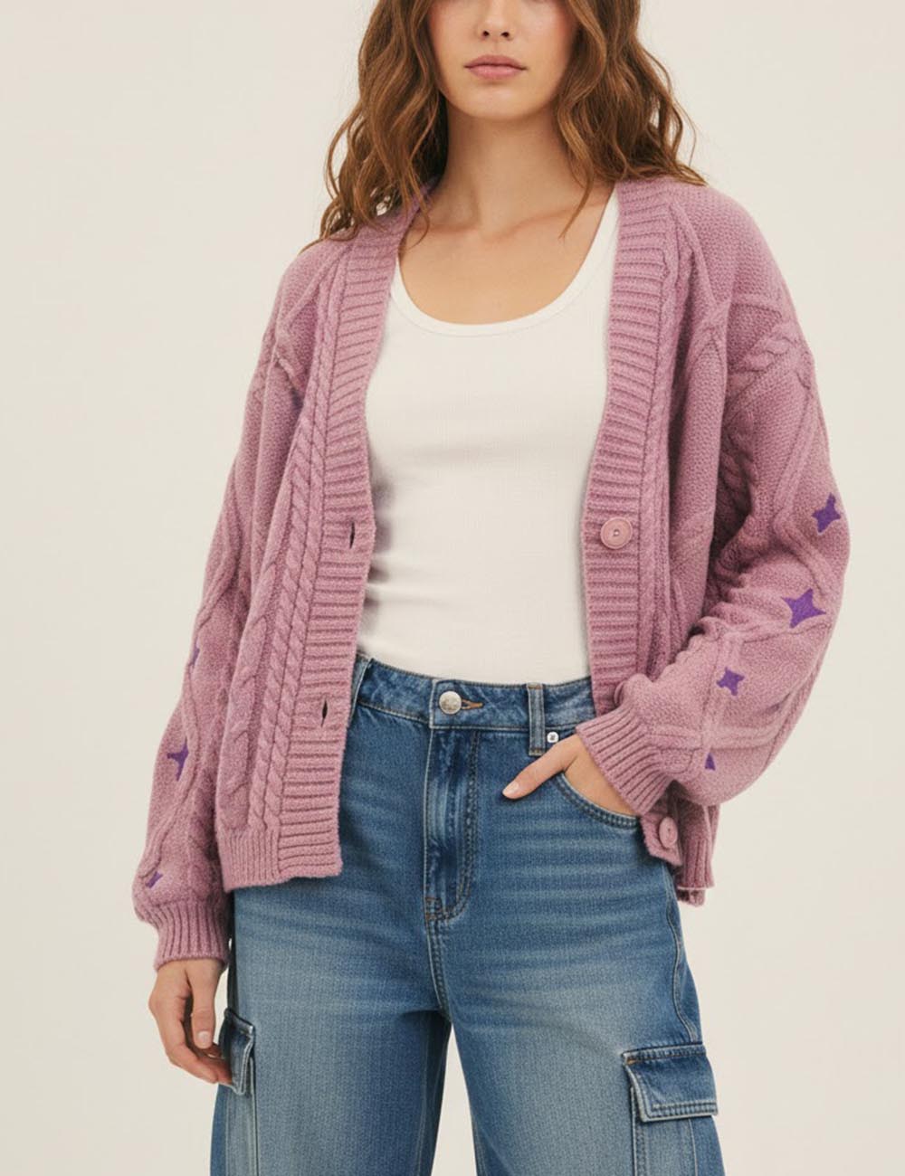 Casual V-Neck Button Down Cable Knit Cardigan